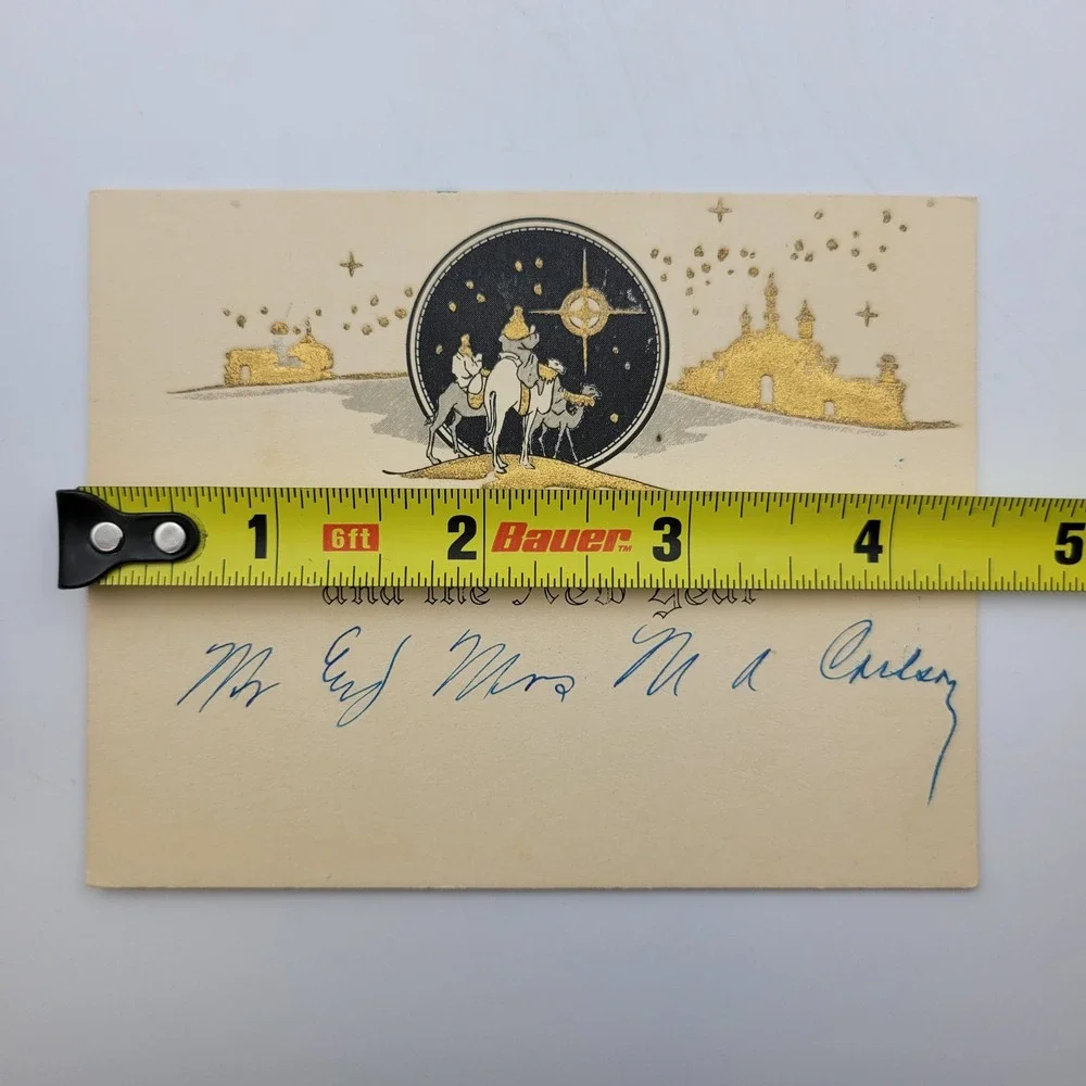 Vintage Christmas Card Good Wishes Three Kings Gold Buildings‎ Holiday Decor